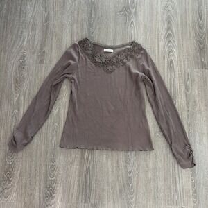 Axes Femme Gyaru Crocheted Brown Top Ribbed Sleeves Size Medium